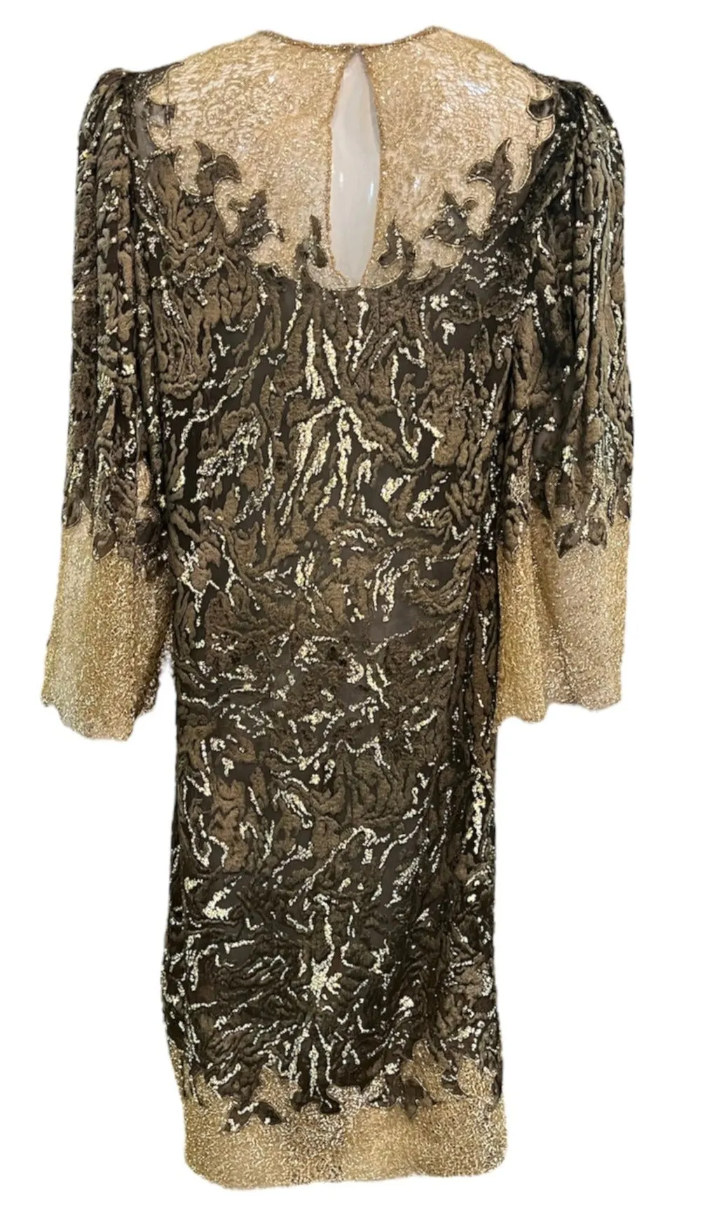 80s Oscar de la Renta Brown Cut Velvet with Gold Lace Tunic Dress