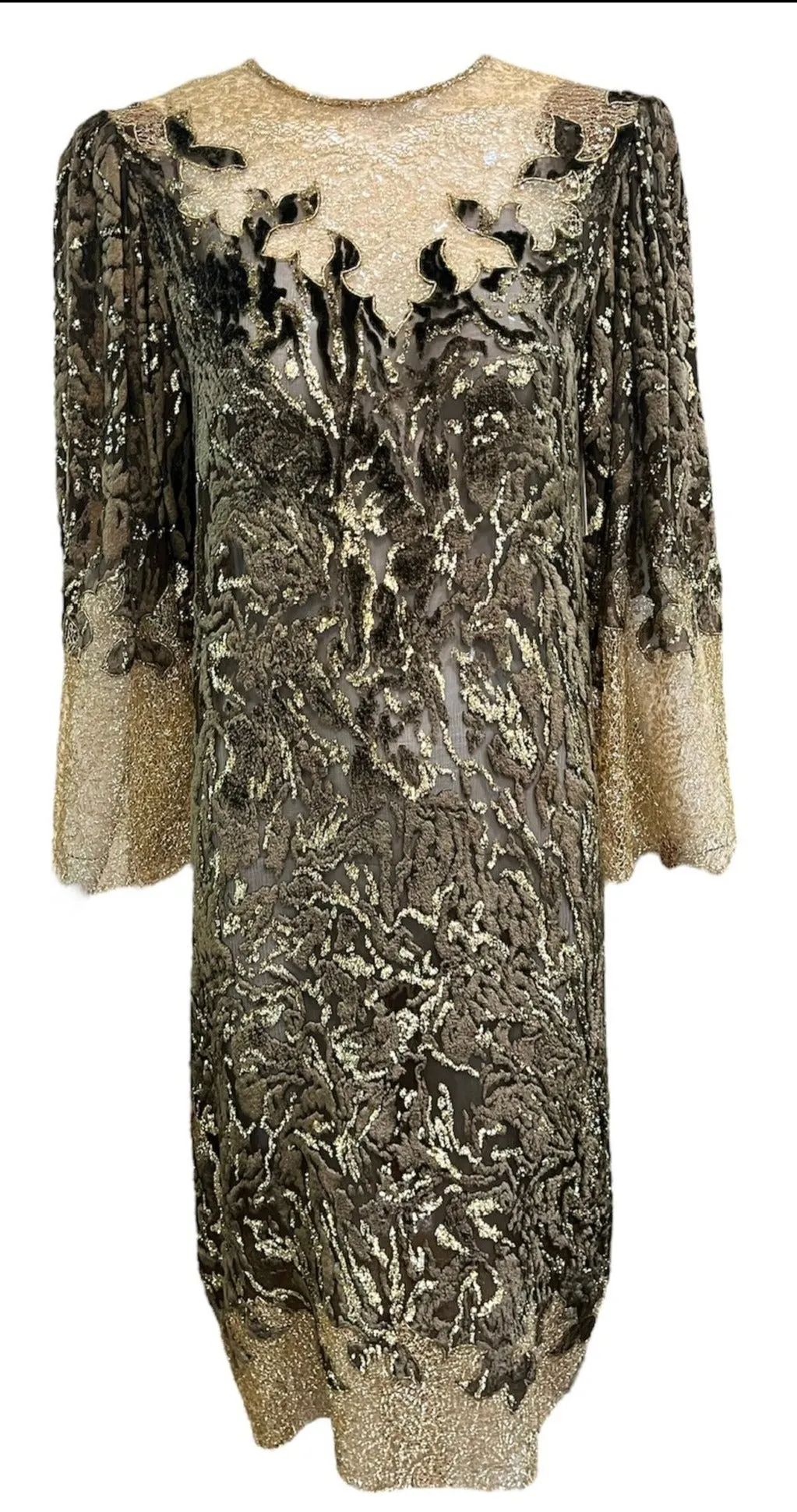 80s Oscar de la Renta Brown Cut Velvet with Gold Lace Tunic Dress