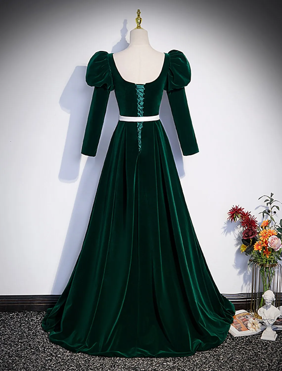 A-Line Evening Gown Maxi Dress Formal Floor Length Long Sleeve Square Neck Velvet Pleats Crystals Strappy