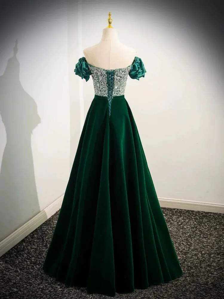 A-Line Velvet Sequin Beads Green Long Prom Dress Evening Dress