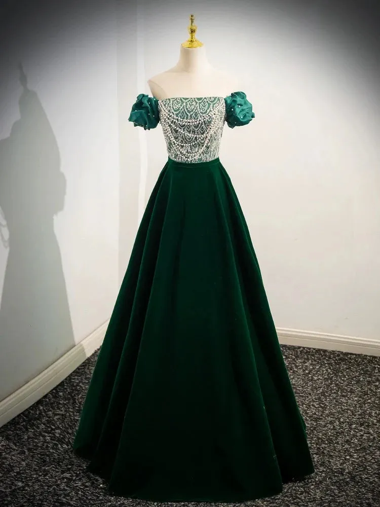 A-Line Velvet Sequin Beads Green Long Prom Dress Evening Dress