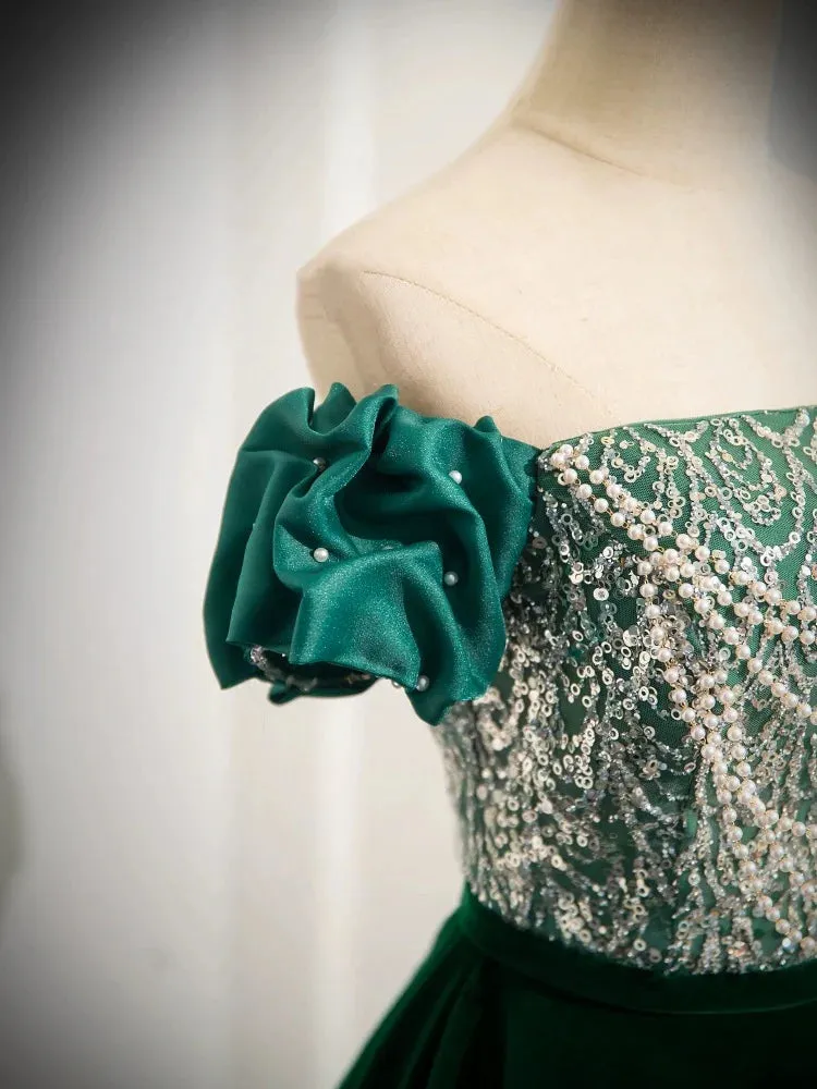 A-Line Velvet Sequin Beads Green Long Prom Dress Evening Dress