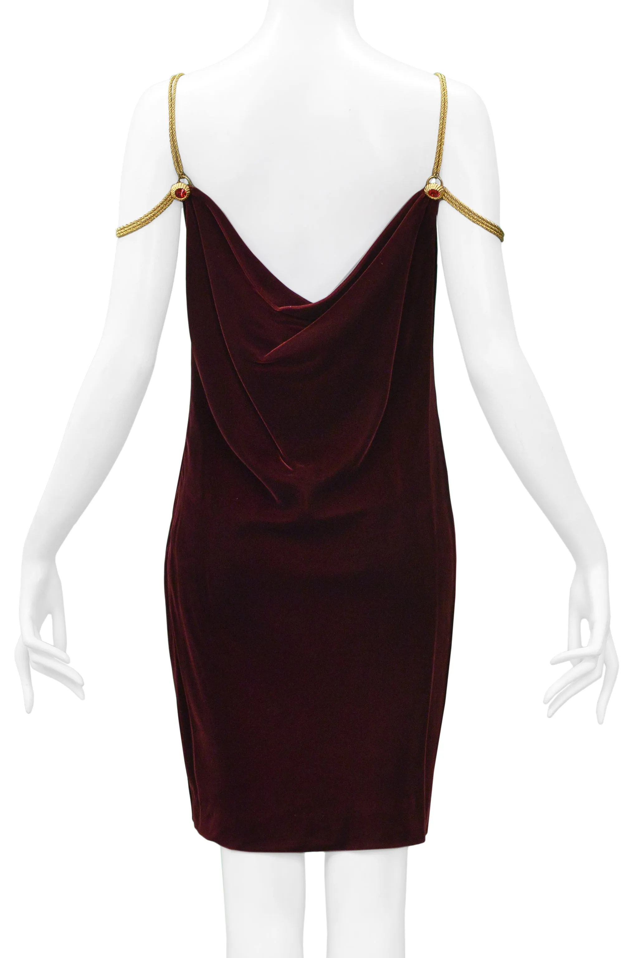 ANNE KLEIN BURGUNDY VELVET DRESS WITH GOLD CHAINS