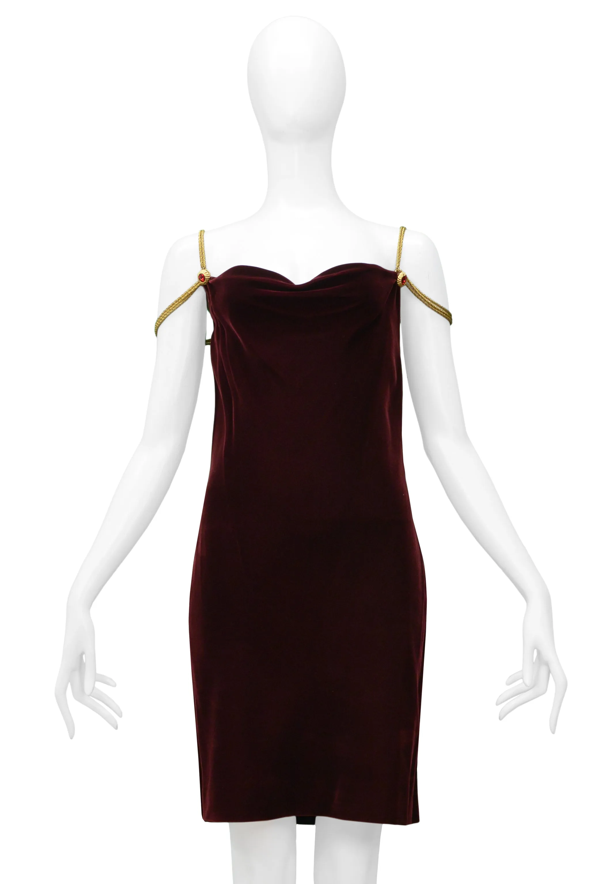 ANNE KLEIN BURGUNDY VELVET DRESS WITH GOLD CHAINS