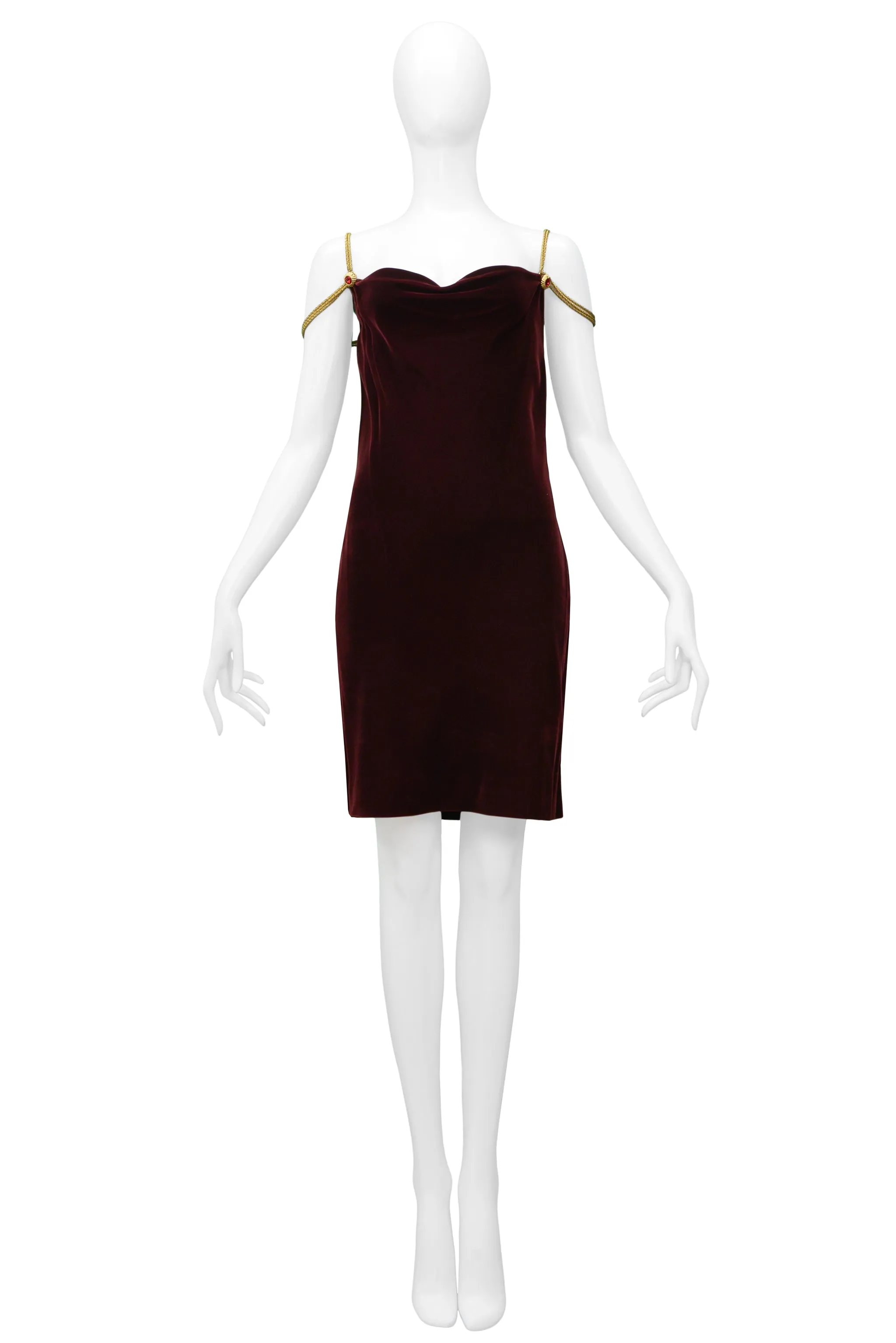 ANNE KLEIN BURGUNDY VELVET DRESS WITH GOLD CHAINS