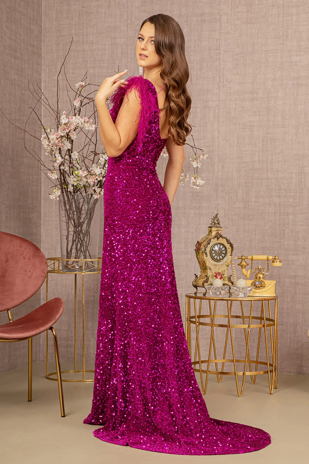 Asymmetric Sleeveless Feather Sequin Velvet Mermaid Long Prom Dress GLGL3154