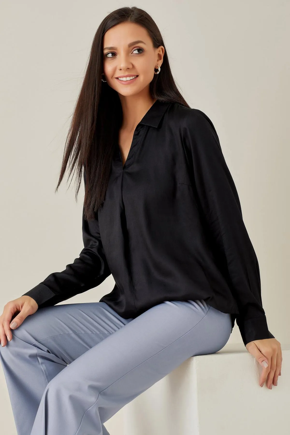 Black Satin Front Pleat Top - Qua