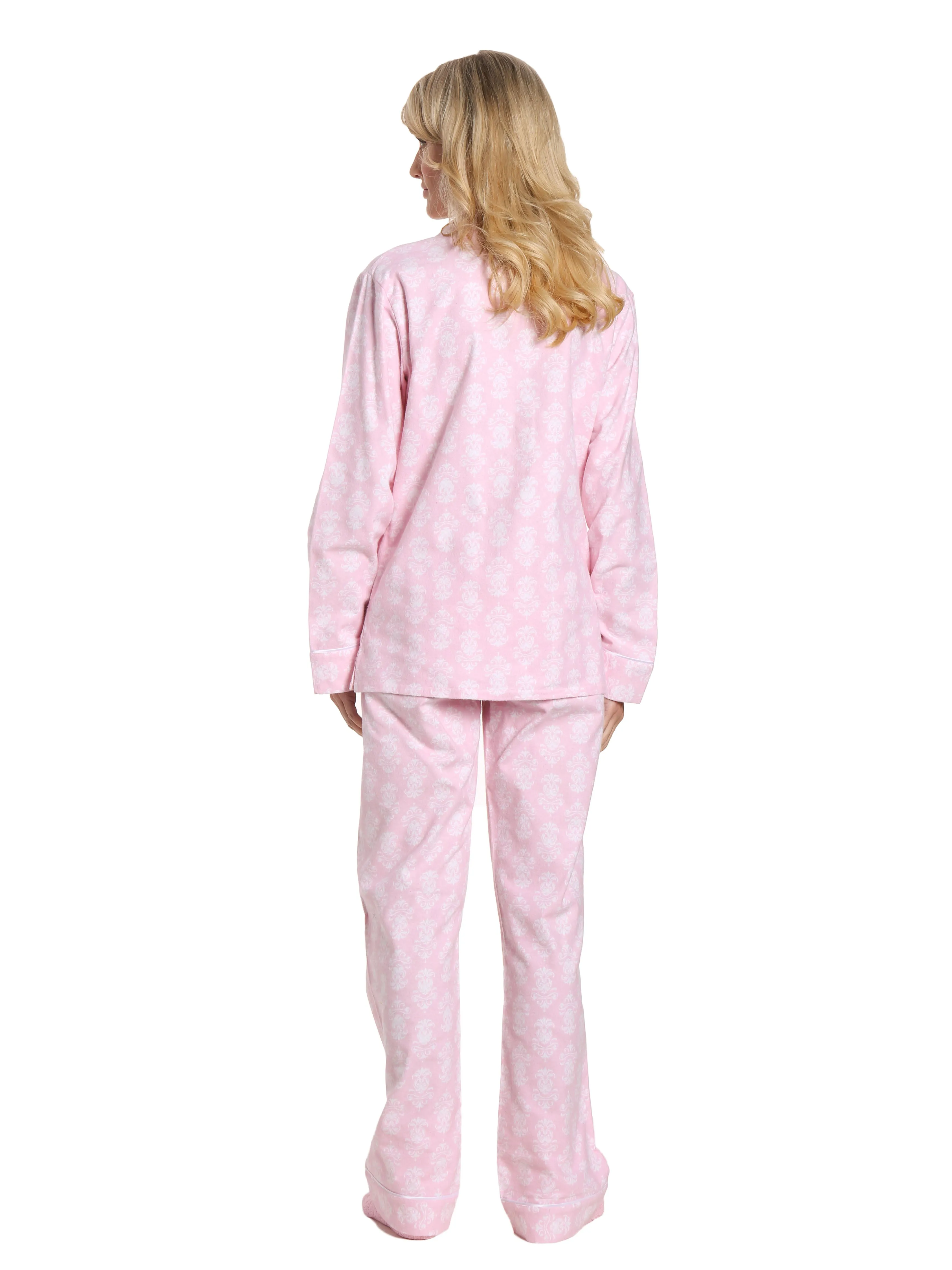 Box Packaged Women's Premium 100% Cotton Flannel Pajama Sleepwear Set - Brocade Pink-White