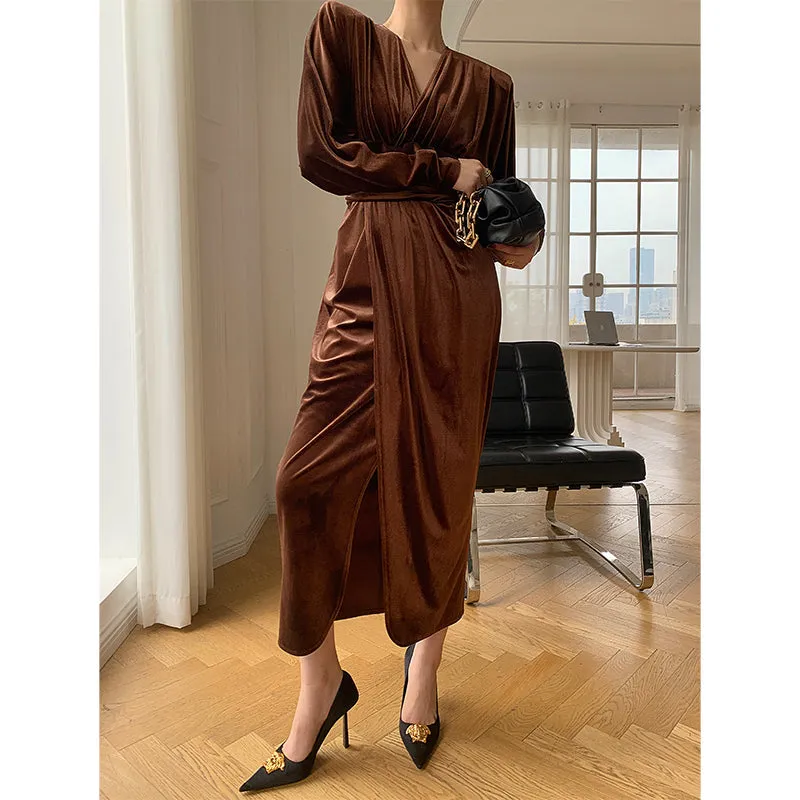 Brown  WANXO French red pleated velvet dress new gold-like waist bottoming skirt- Winny