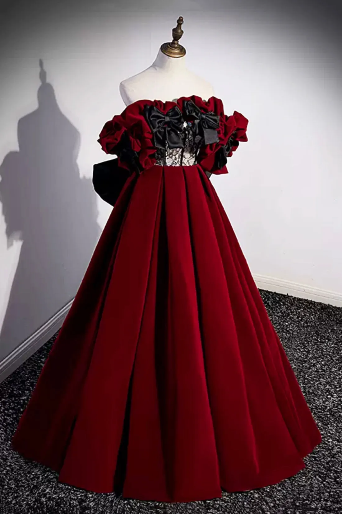 Burgundy Velvet Long Prom Dress, Off the Shoulder A-Line Evening Dress