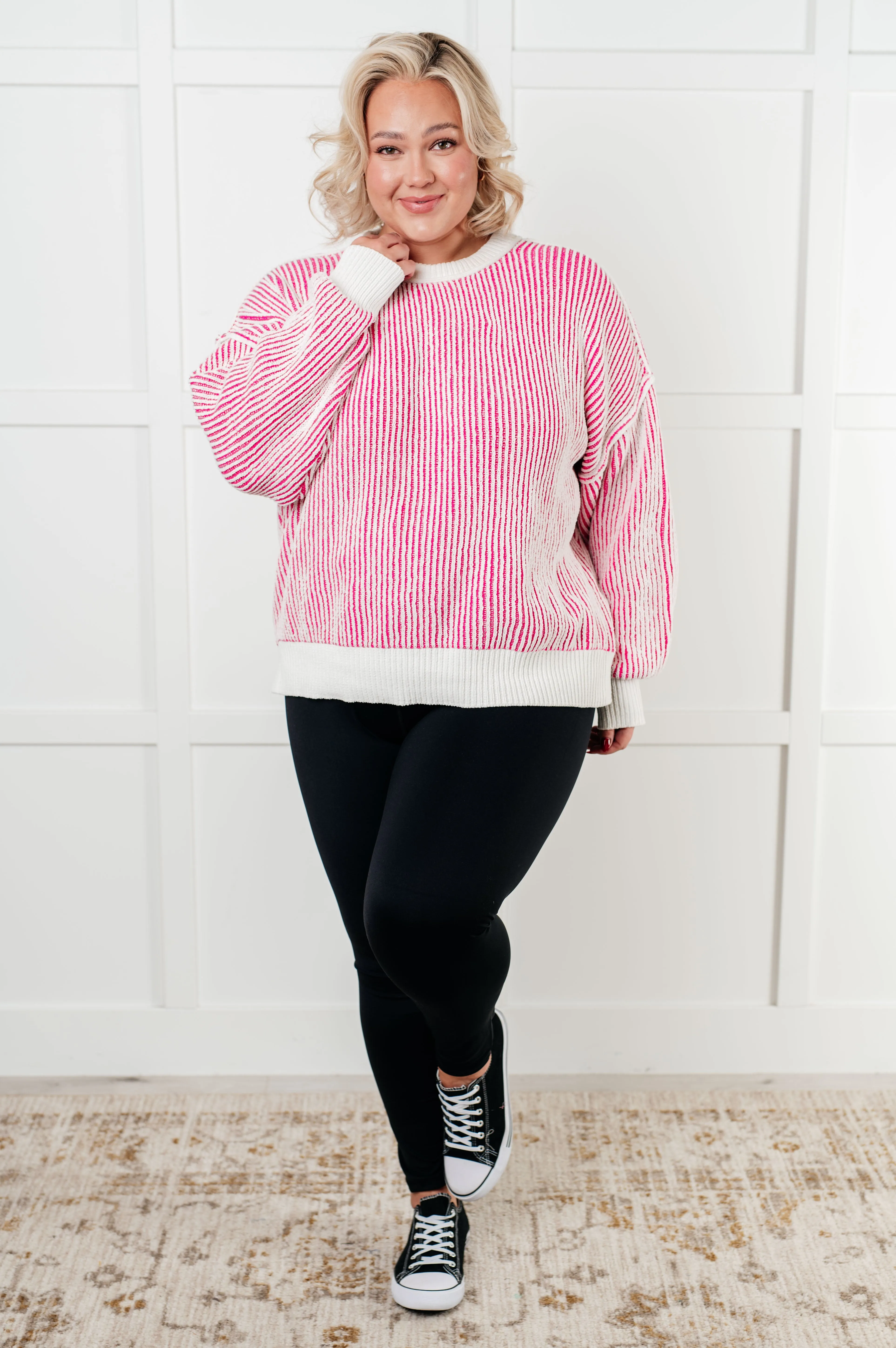 Carefree Contrast Trim Sweater in Pink