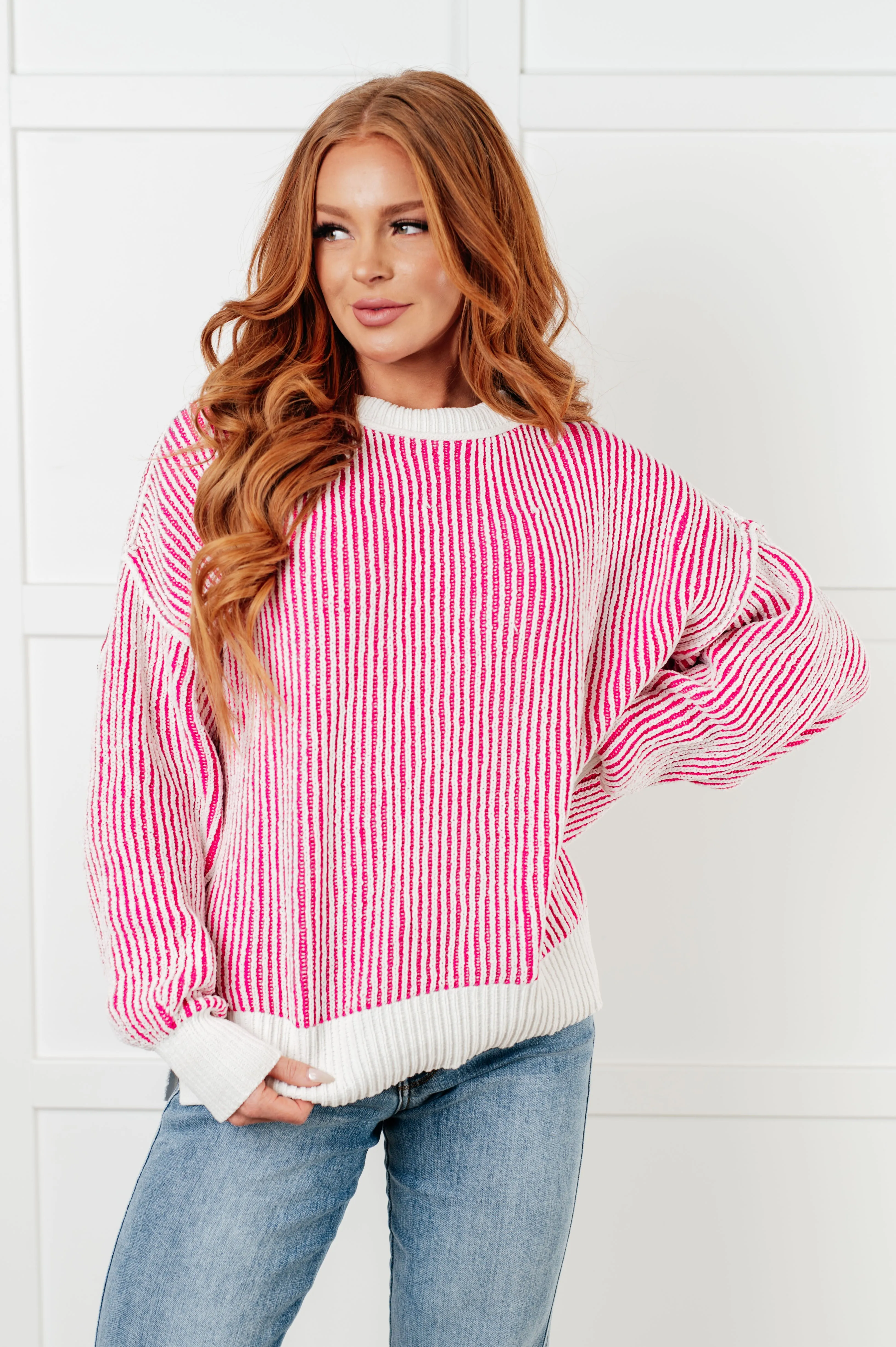 Carefree Contrast Trim Sweater in Pink