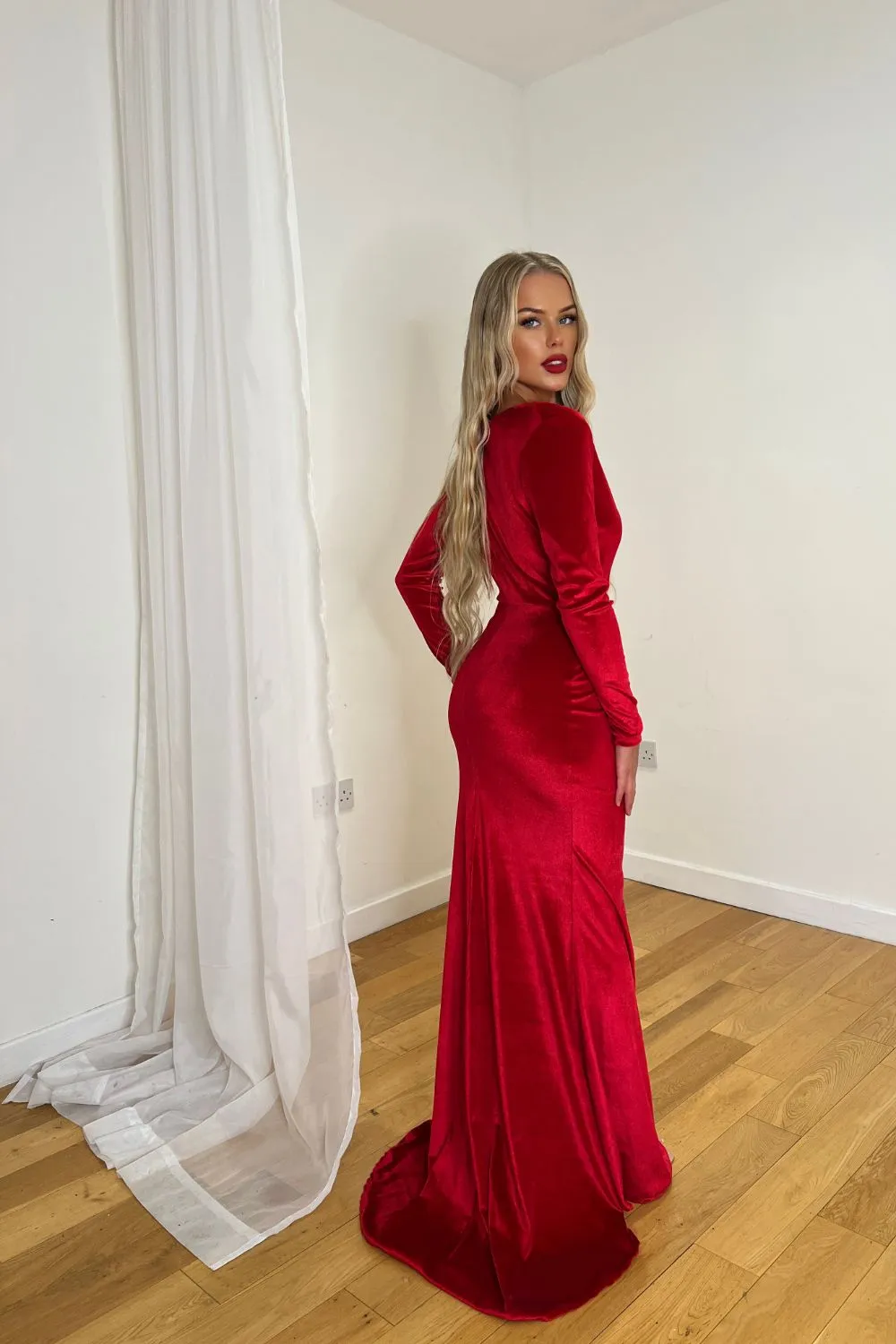 Chanel Red Velvet V-Neck Stretch Long Sleeve Mermaid Maxi Dress