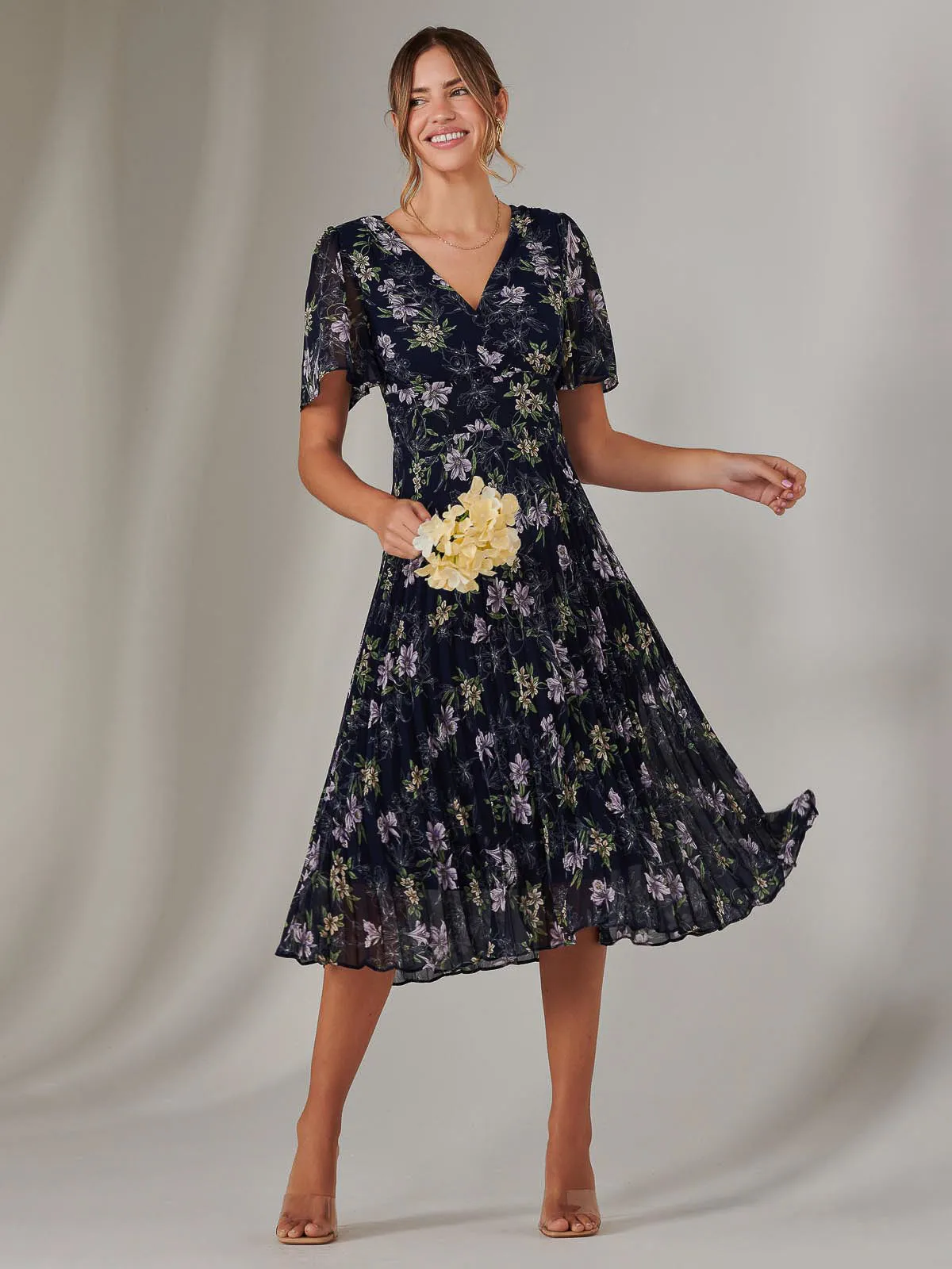 Chiffon Pleated Wrap Midaxi Dress, Multi Floral