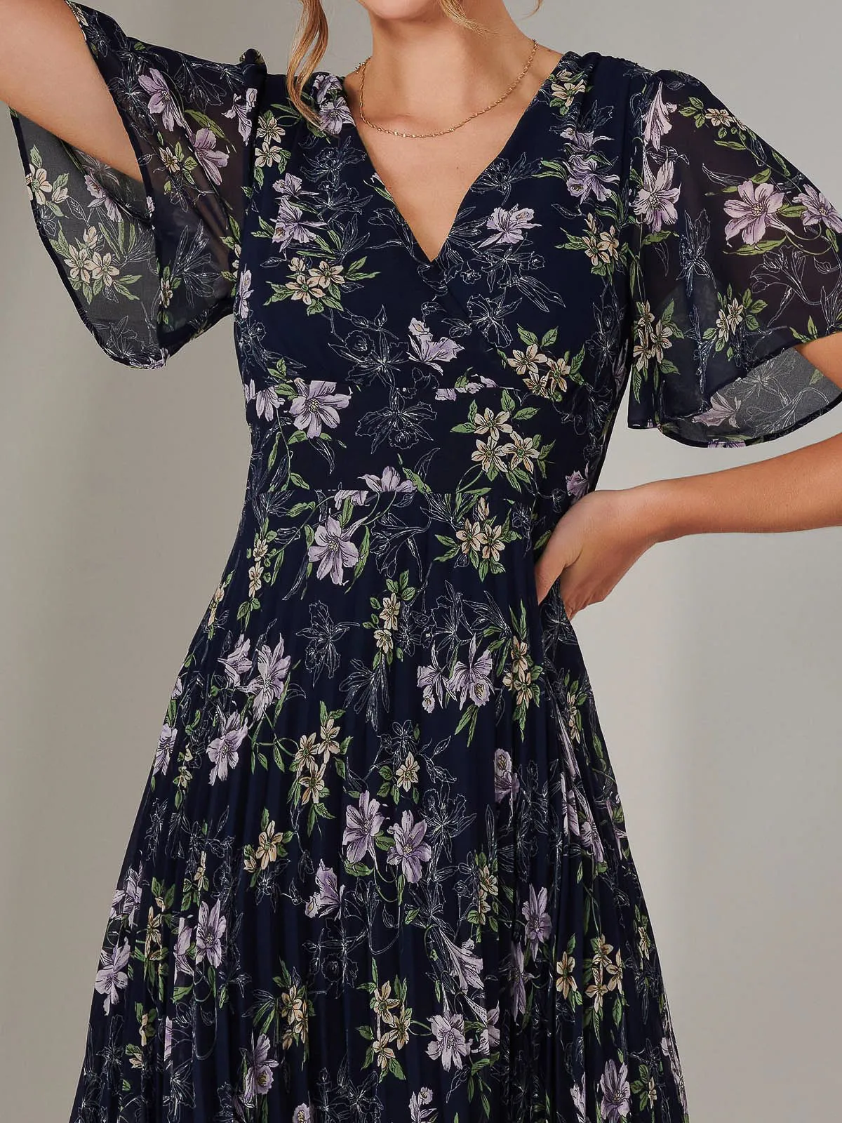 Chiffon Pleated Wrap Midaxi Dress, Multi Floral