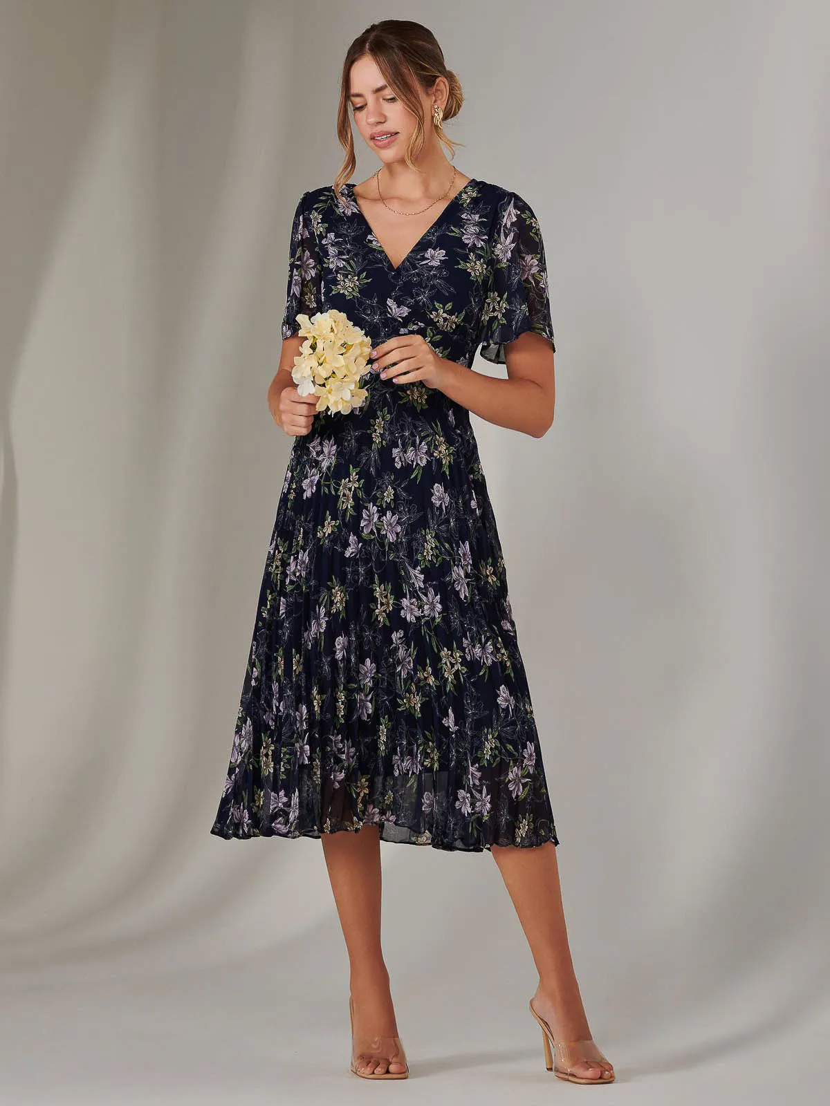 Chiffon Pleated Wrap Midaxi Dress, Multi Floral