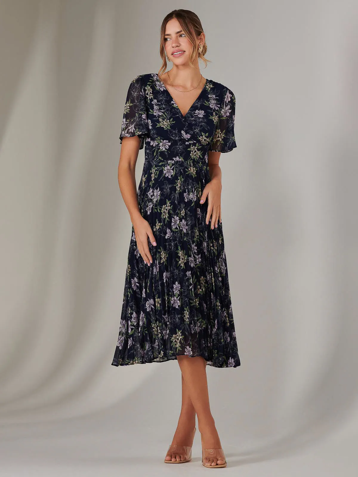 Chiffon Pleated Wrap Midaxi Dress, Multi Floral