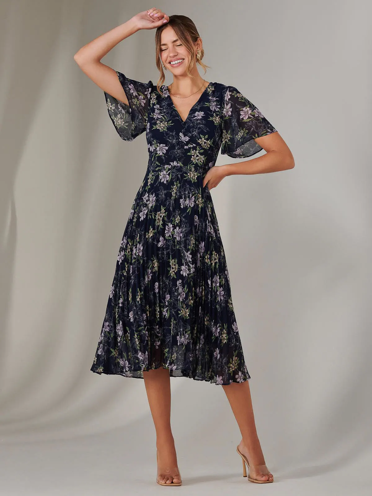 Chiffon Pleated Wrap Midaxi Dress, Multi Floral