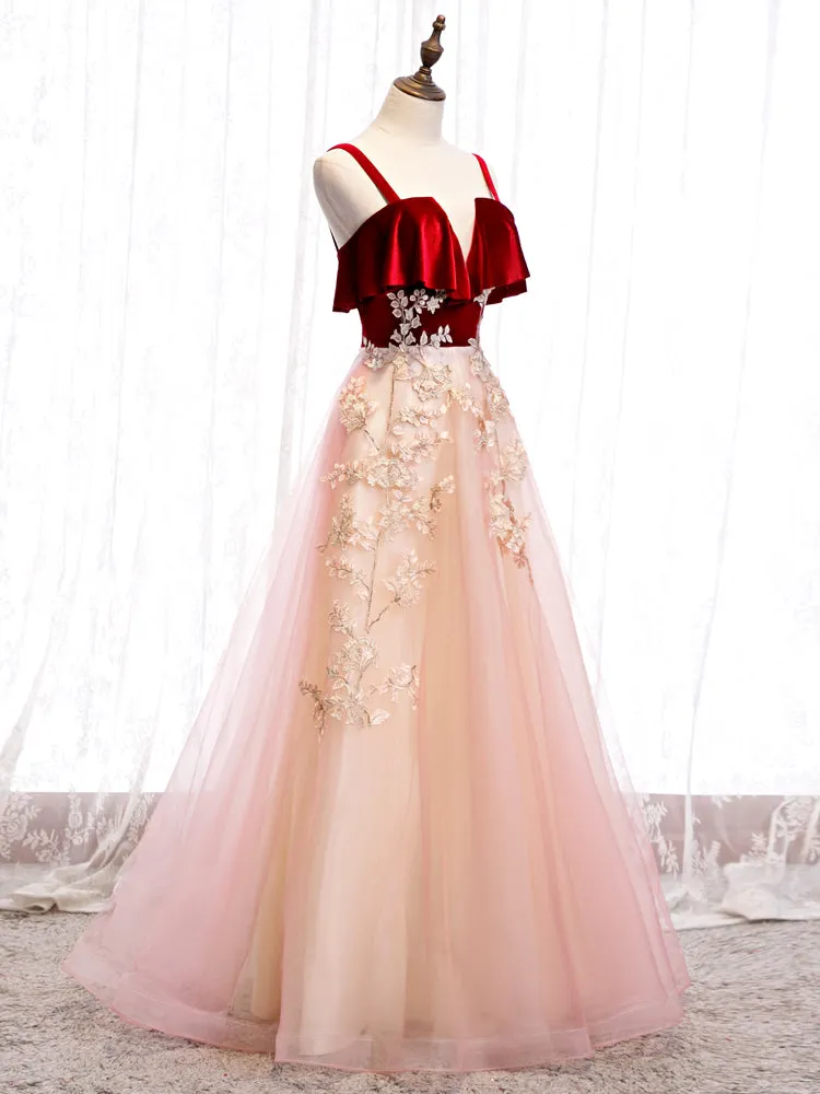 Cute Straps Velvet and Tulle Long Party Dress, A-line Evening Gown