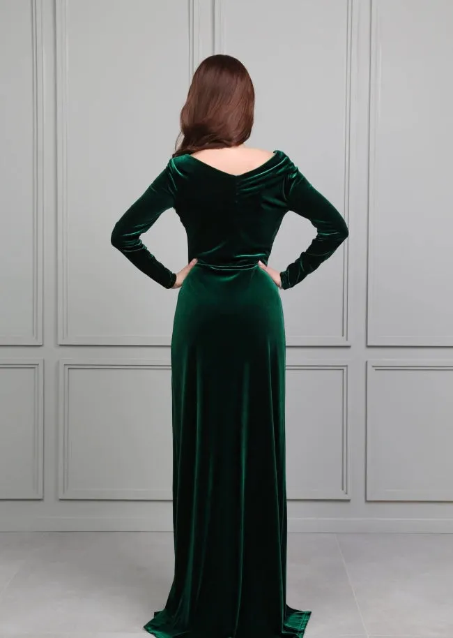 Dark Emerald Green Long Velvet Winter Bridesmaid Dress Evening Dress Wedding Guest Dress With Slit