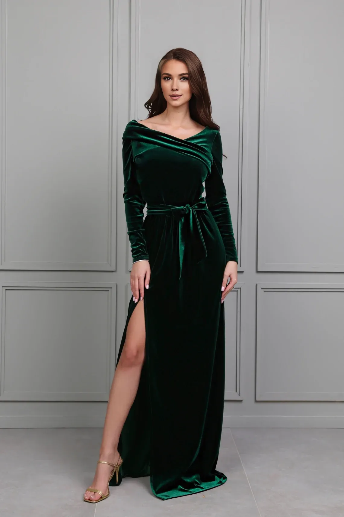 Dark Emerald Green Long Velvet Winter Bridesmaid Dress Evening Dress Wedding Guest Dress With Slit