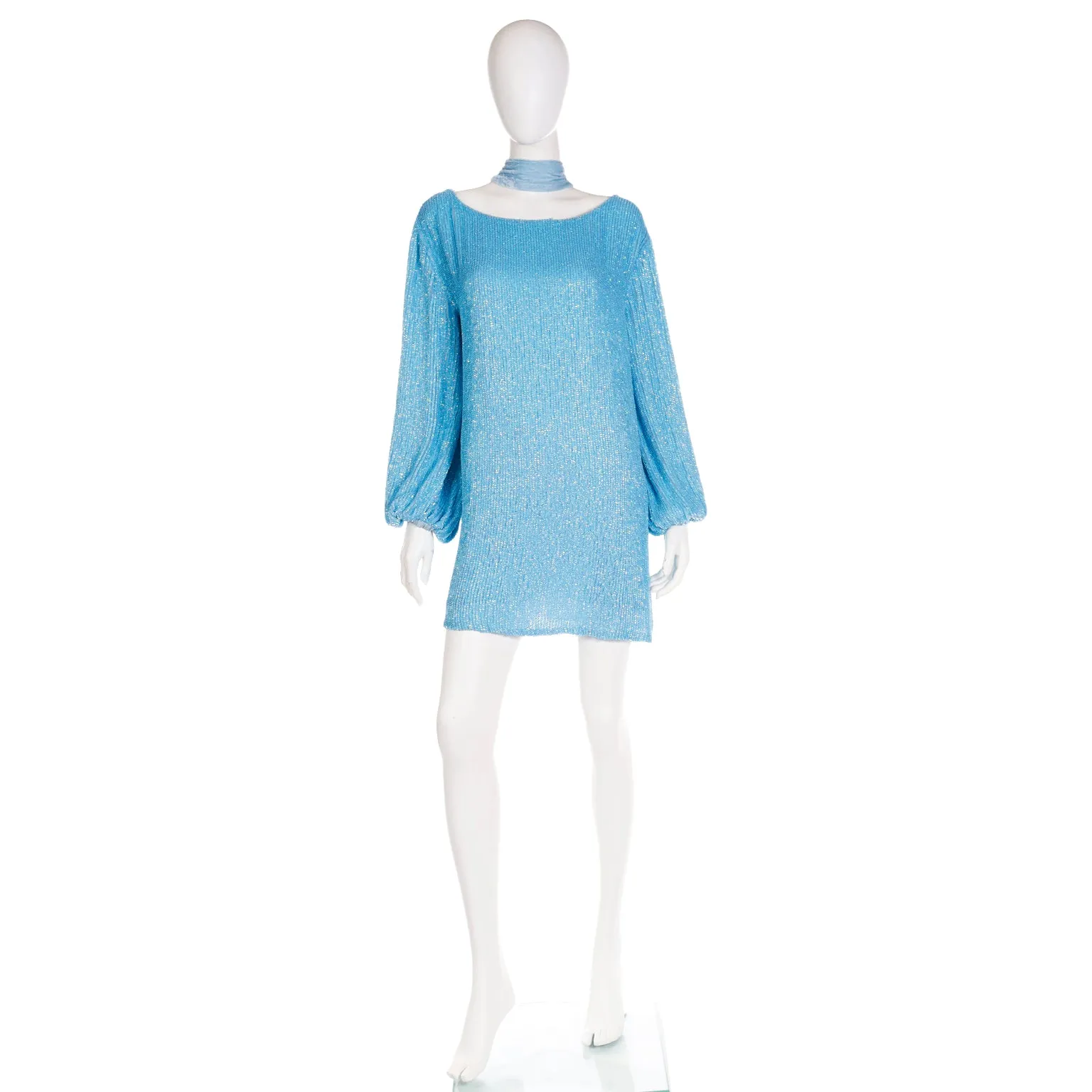 Deadstock Retrofete Blue Sequin Mini Dress or Tunic With Sash Belt