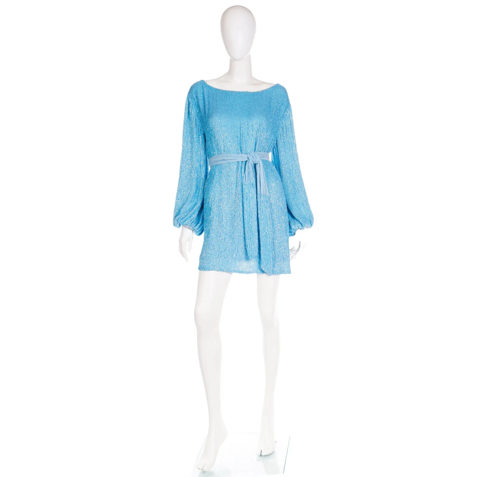 Deadstock Retrofete Blue Sequin Mini Dress or Tunic With Sash Belt