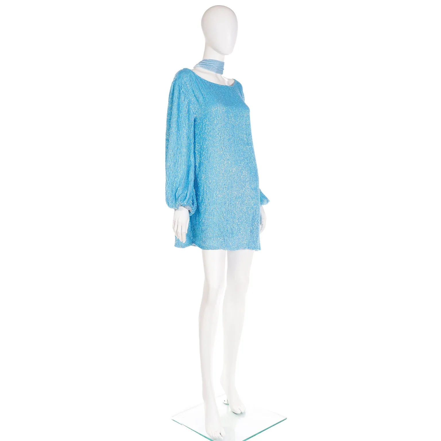 Deadstock Retrofete Blue Sequin Mini Dress or Tunic With Sash Belt