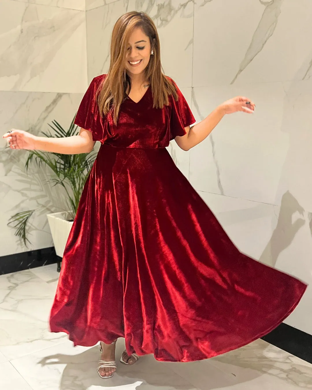 Deep Red Flared Velvet Dress