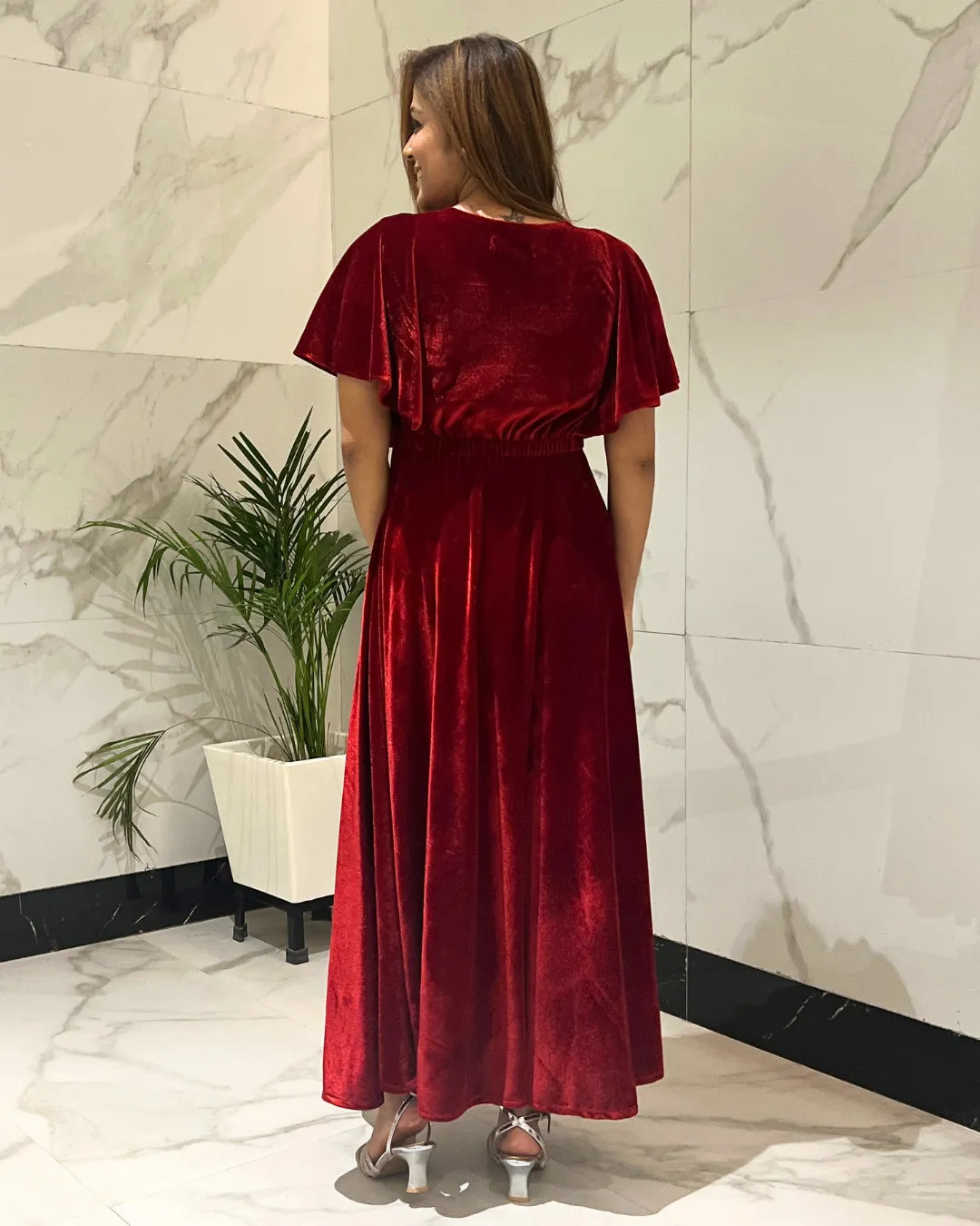 Deep Red Flared Velvet Dress