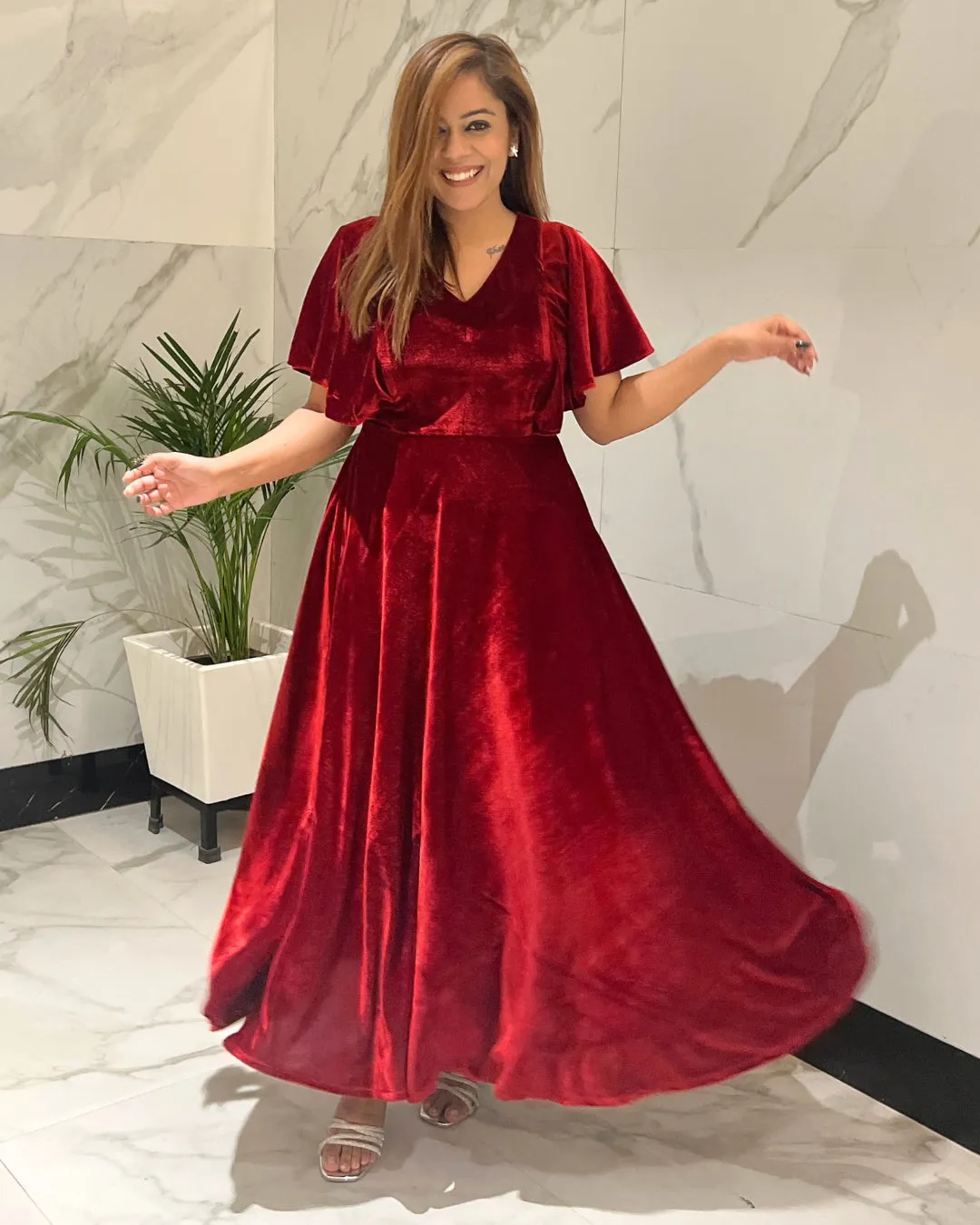 Deep Red Flared Velvet Dress