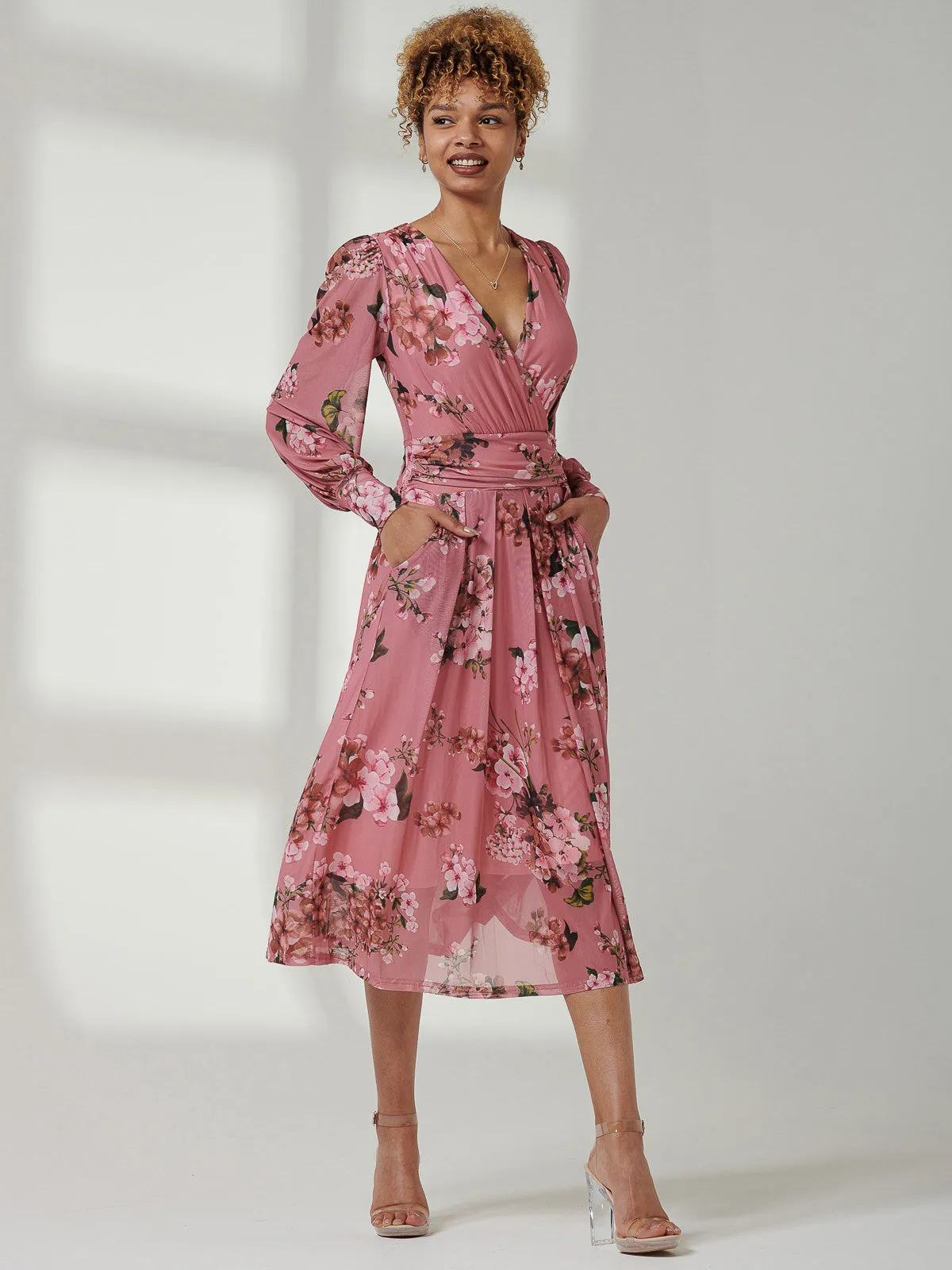 Eileen Long Sleeve Mesh Dress, Pink Floral