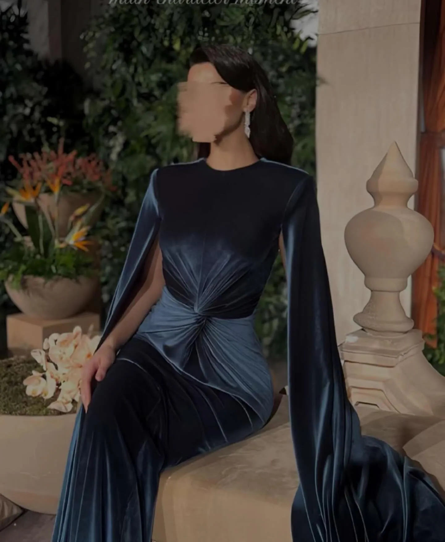 Elegant Dark Blue Velvet Evening Dress with Cape Sleeve SF243