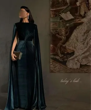 Elegant Dark Blue Velvet Evening Dress with Cape Sleeve SF243