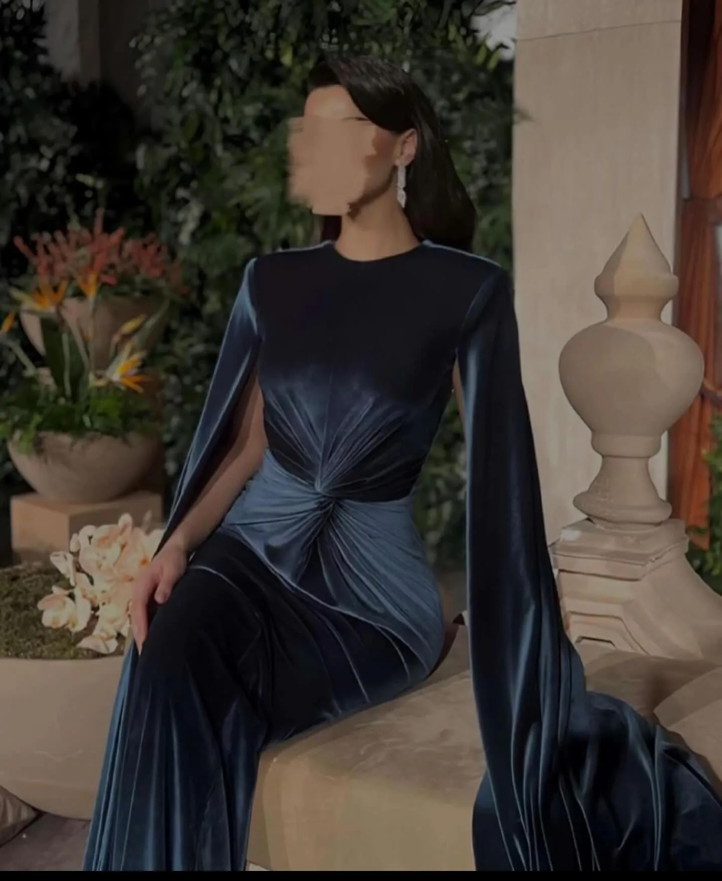 Elegant Dark Blue Velvet Evening Dress with Cape Sleeve SF243