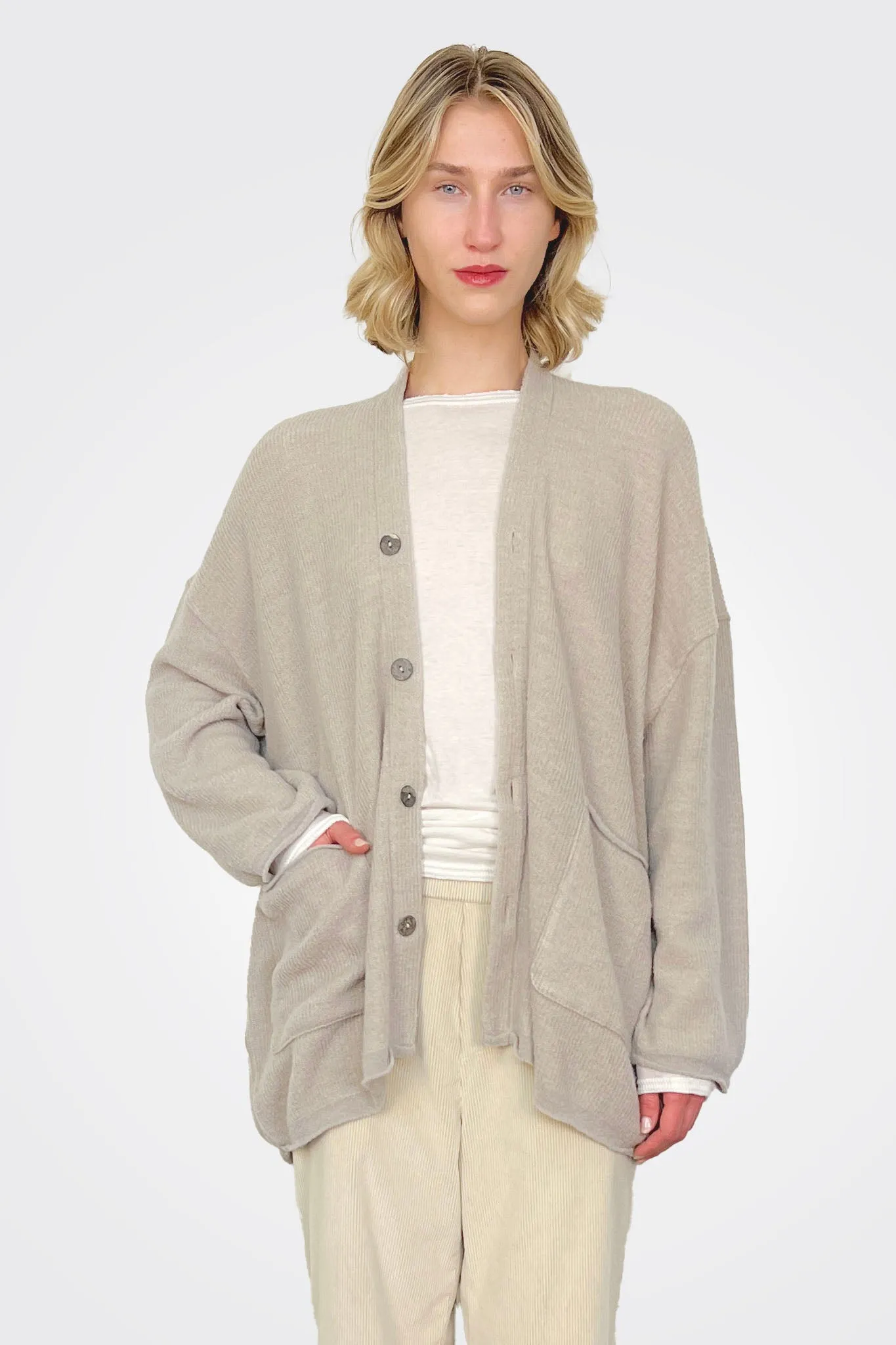 Fine Boucle Knit Cardigan - Greige