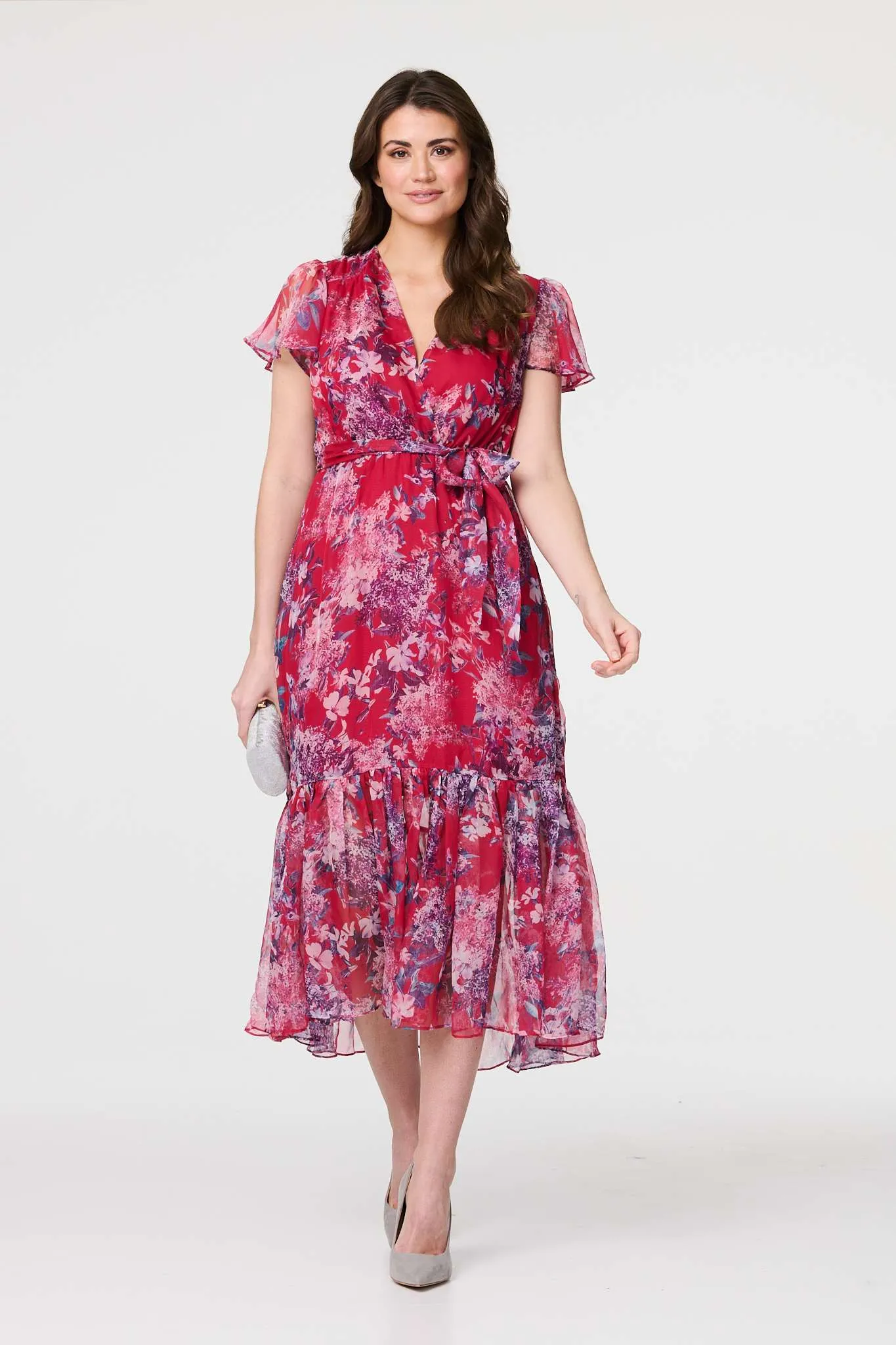 Floral Short Sleeve Tiered Midi Dress