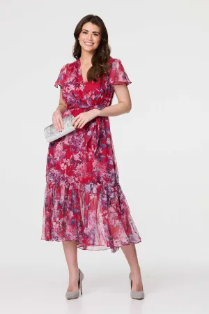 Floral Short Sleeve Tiered Midi Dress