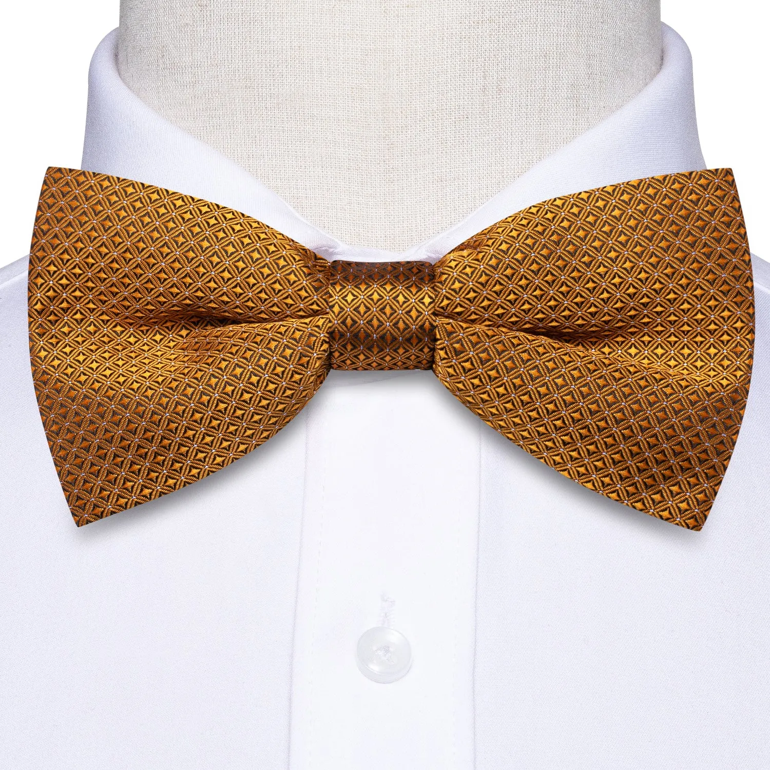 Golden Black Plaid Silk Pre-tied Bow Tie Hanky Cufflinks Set