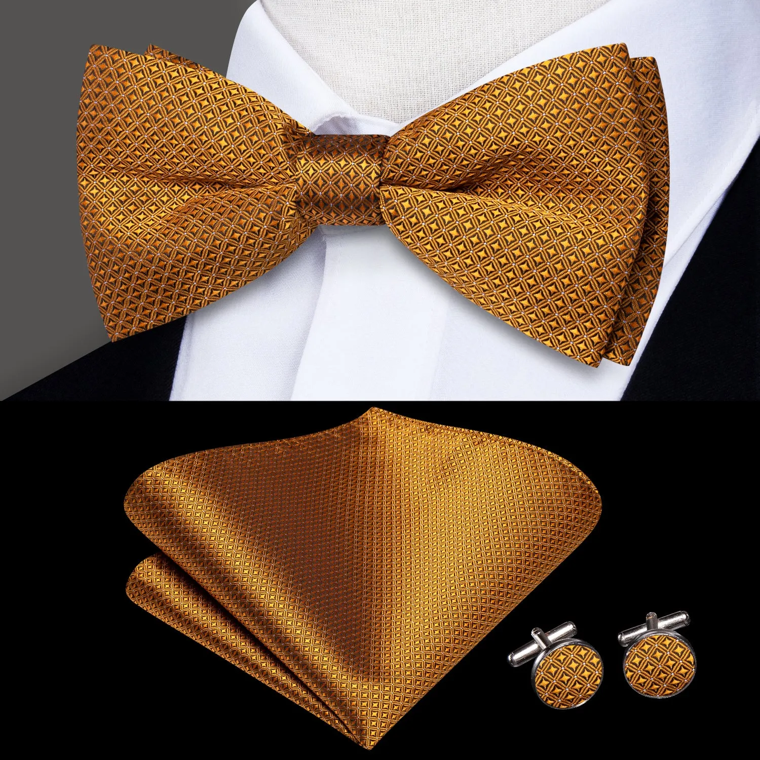 Golden Black Plaid Silk Pre-tied Bow Tie Hanky Cufflinks Set