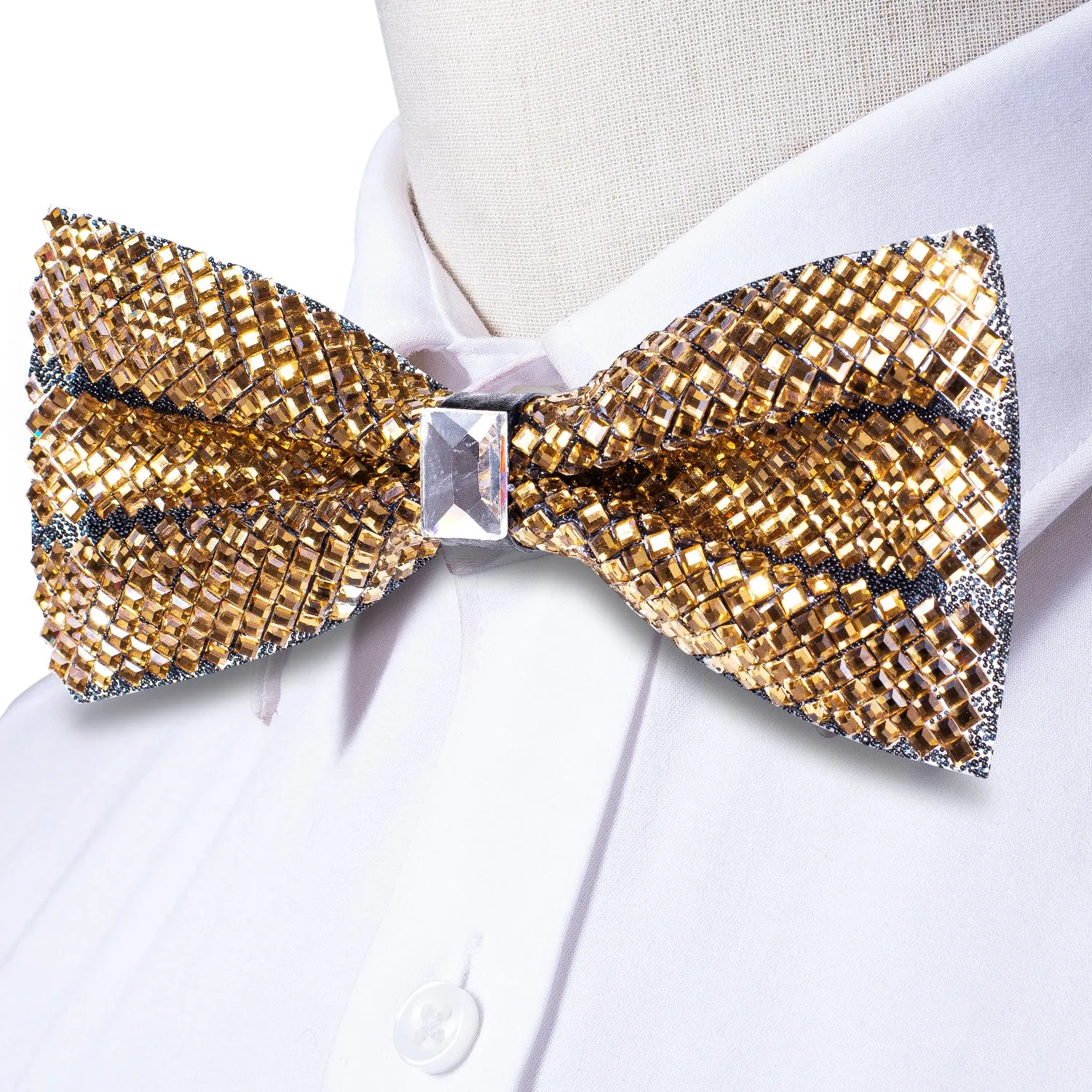 Golden Black Shining Rhinestone Pre-tied Adjustable Length Bow Tie