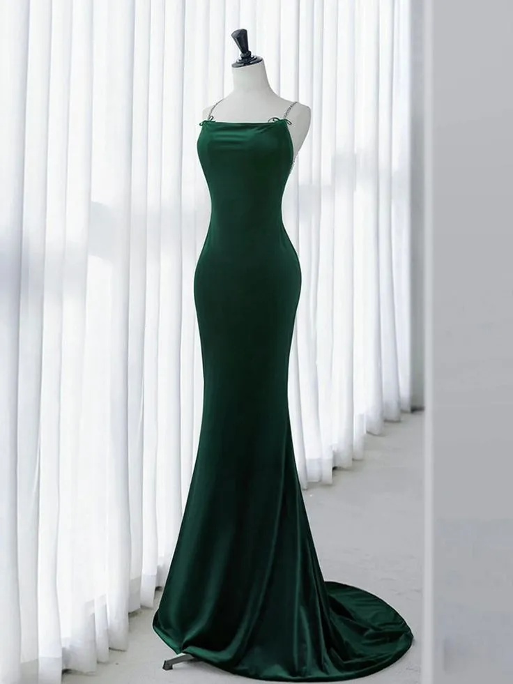 Green Mermaid Velvet Long Prom Dress, Green Long Evening Dress     fg6740