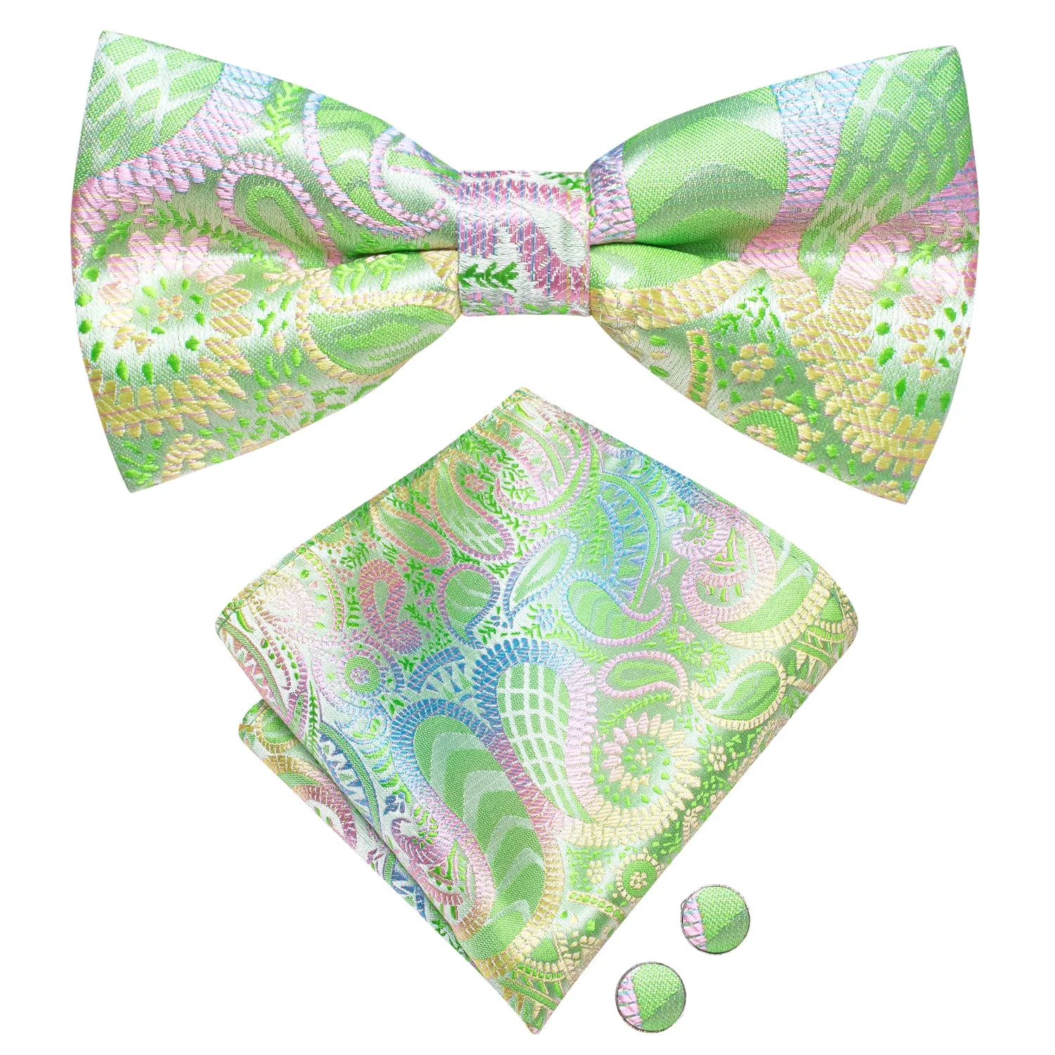 Green Pink Yellow Novelty Pre-tied Bow Tie Hanky Cufflinks Set