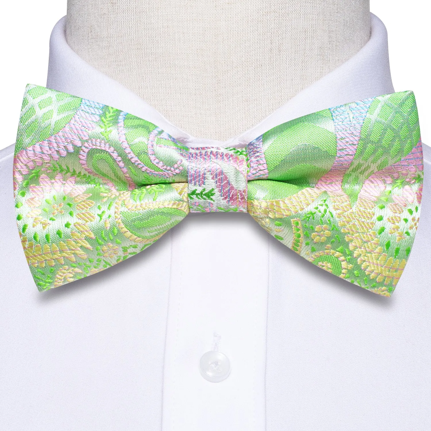 Green Pink Yellow Novelty Pre-tied Bow Tie Hanky Cufflinks Set