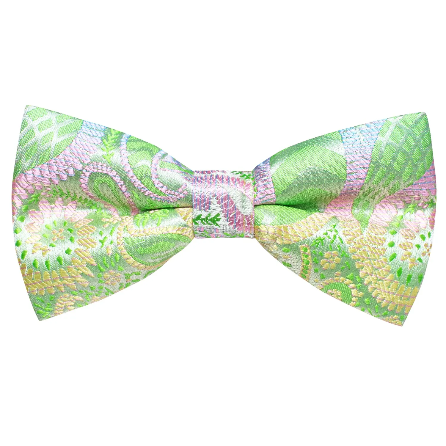 Green Pink Yellow Novelty Pre-tied Bow Tie Hanky Cufflinks Set