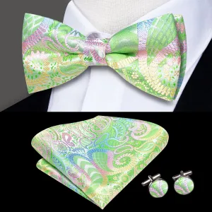 Green Pink Yellow Novelty Pre-tied Bow Tie Hanky Cufflinks Set