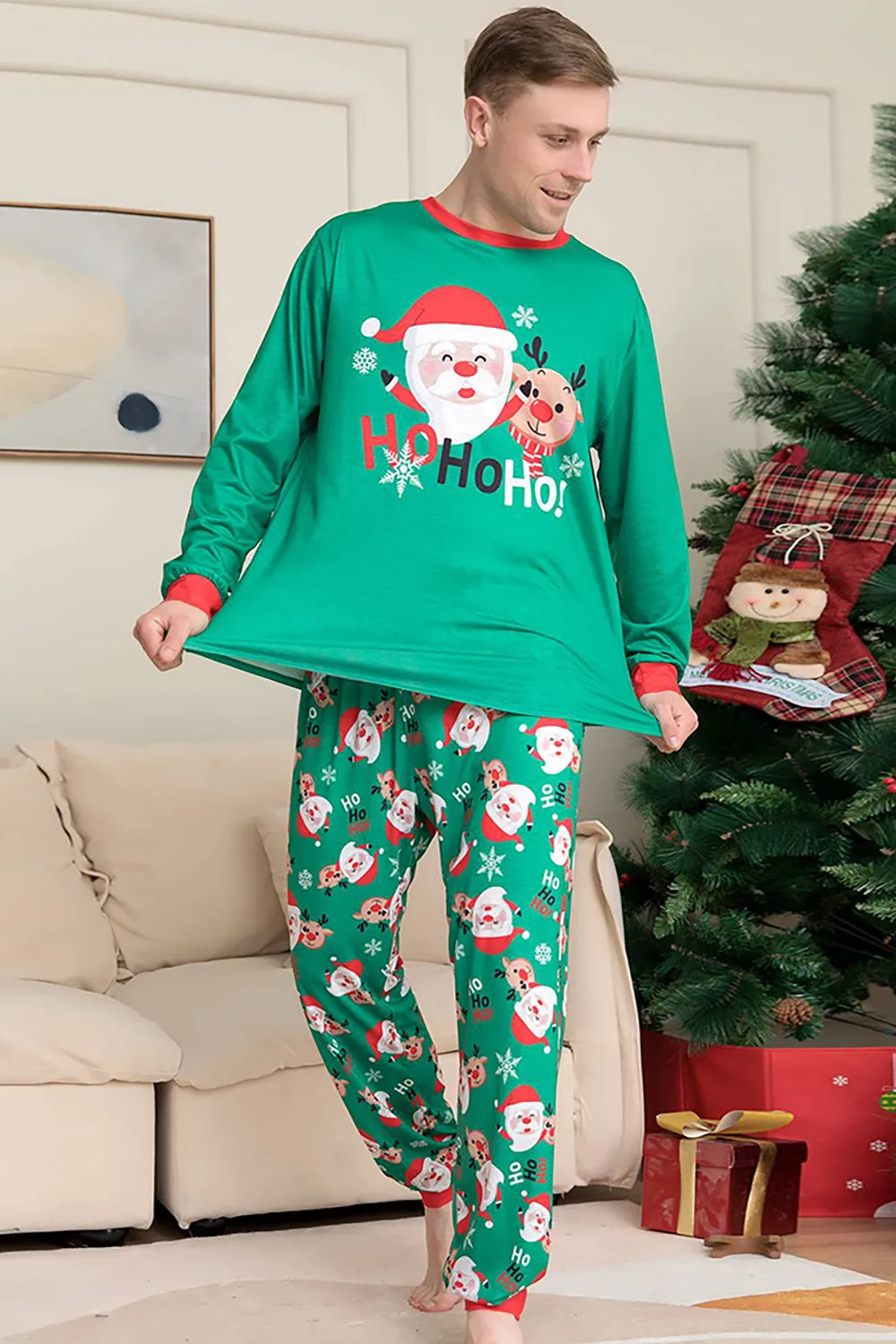 Green Santa Claus and Deer Christmas Family Matching Pajamas Set