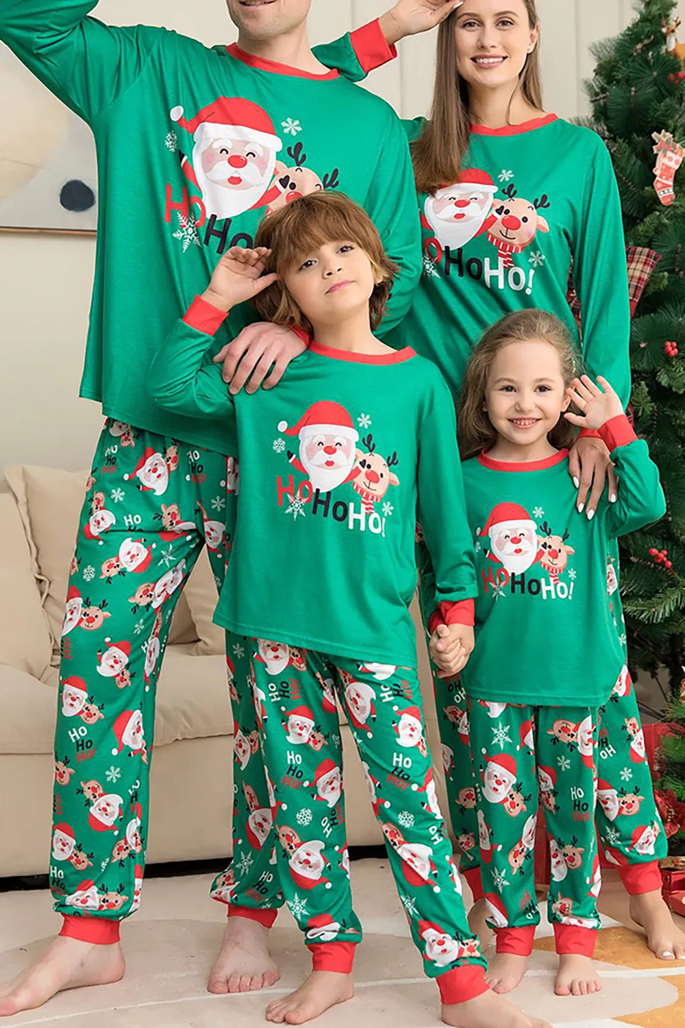 Green Santa Claus and Deer Christmas Family Matching Pajamas Set