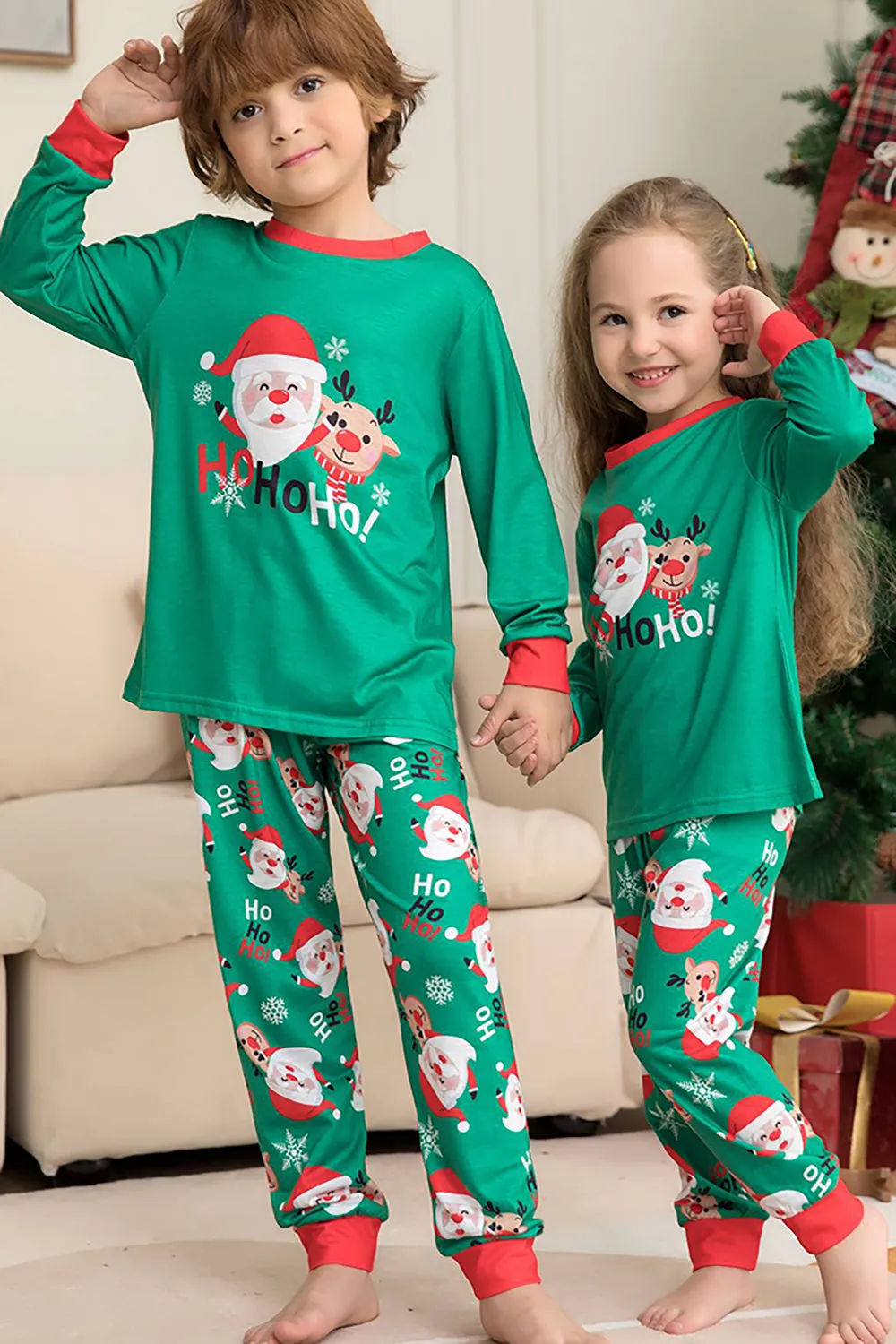 Green Santa Claus and Deer Christmas Family Matching Pajamas Set