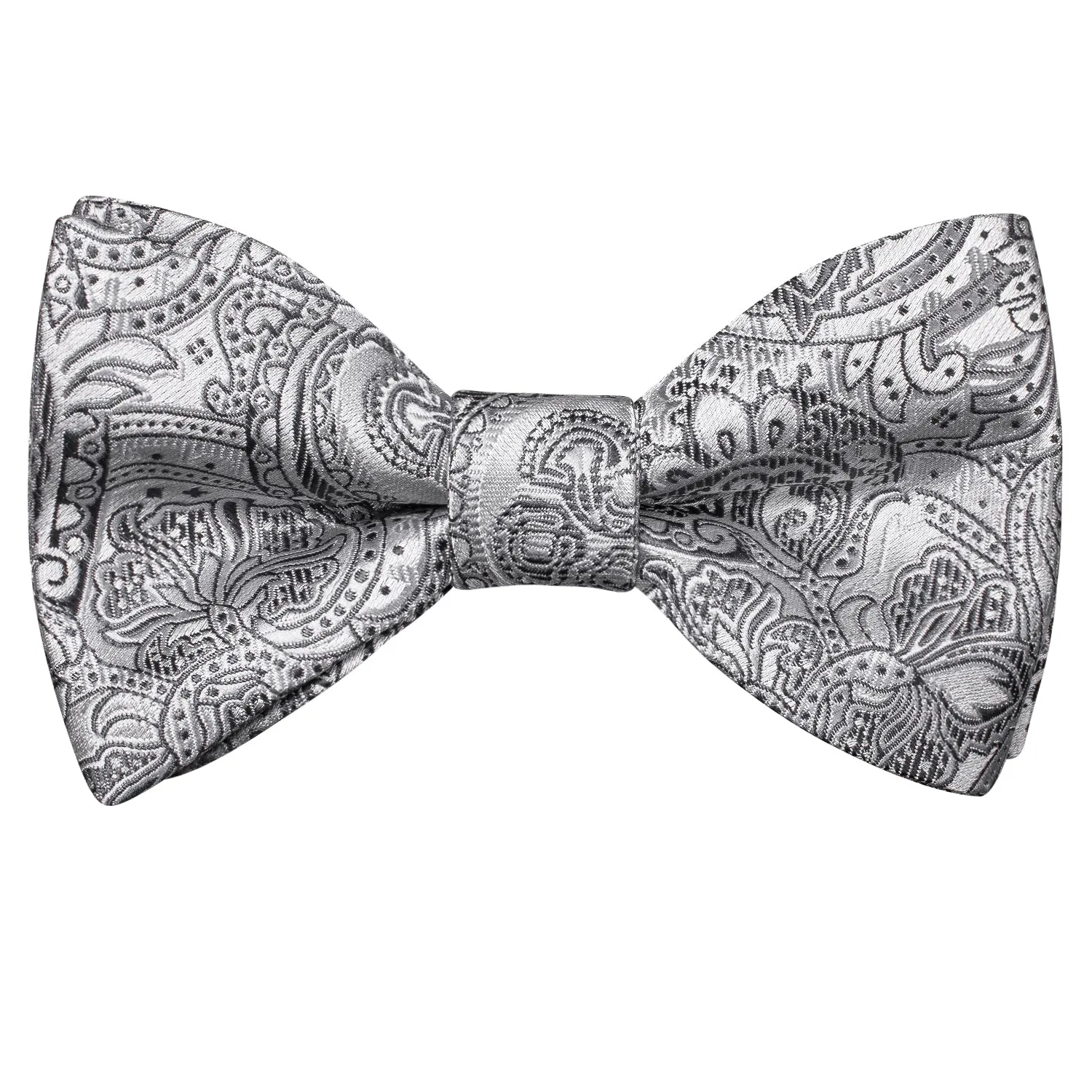 Grey Black Paisley Silk Self-tied Bow Tie Pocket Square Cufflinks Set